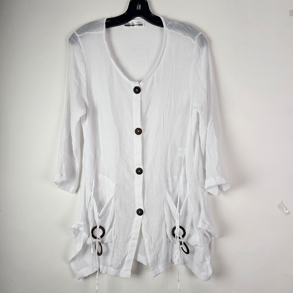 Mirror Image Womens White Crinkle Gauze Tunic Button Front Ring Accent Top Boho